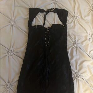 Fashion Nova Black Bodycon Dress with Halter Neckline Cut Out and Tie Front